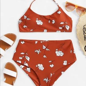 Floral print halter top and high waist bikini